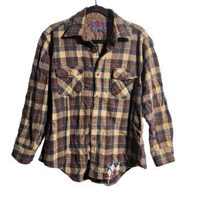 VTG Ponderosa Wool Blnd Plaid Rugged Button Shirt Mens XL Outdoor Brown PATCHED